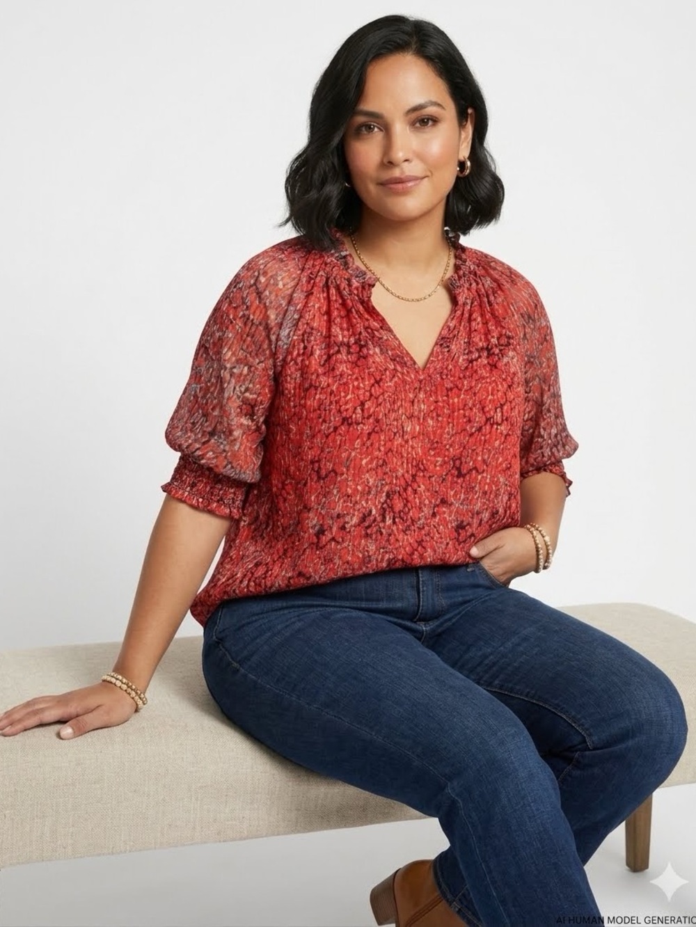 Avara Red Leopard Print Blouse | Sheer Sleeves | Fully Lined | Size Medium